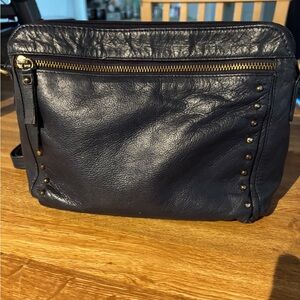 Classic Navy Leather Crossbody Bag with Brass Stud Detailing
